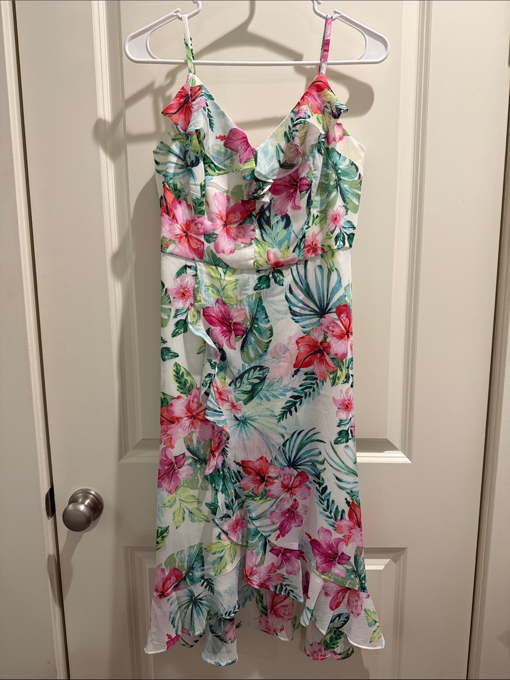 Kensie Floral Ruffle Midi Dress - White with Pink & Green